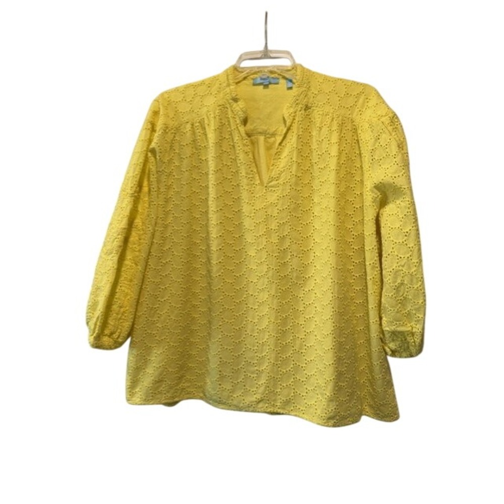Draper James RSVP Womens Yellow Eyelet Cotton 3/4 Sleeve Blouse Top XXL EUC